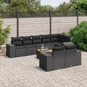 9 pcs conjunto de sofás p/ jardim c/ almofadões vime PE preto