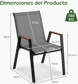 Conjunto de 2 cadeiras de jardim empilháveis, com encosto alto e braços, ergonómicas, em metal e tecido respirável, para terraço ou pátio, cinza