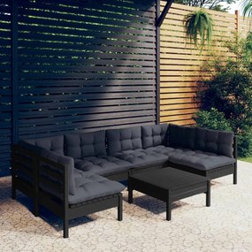 vidaXL 7 pcs conjunto lounge jardim c/ almofadões pinho maciço preto