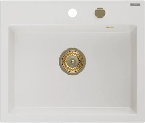 Mexen Oscar lava-loiça em granito de 1 cuba 580 x 490 mm, branco, sifão dourado - 6519581000-20-G