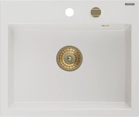 Mexen Oscar lava-loiça em granito de 1 cuba 580 x 490 mm, branco, sifão dourado - 6519581000-20-G