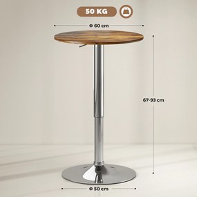 Mesa de bar alta, altura ajustável de 67 a 93 cm (BANCOS NÃO INCLUIDOS), tampo giratório a 360°, castanho
