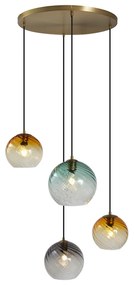 Candeeiro suspenso bronze com vidro fumado âmbar e verde redondo 4 luzes - Bao Art Deco