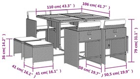 9 pcs conjunto de jantar p/ jardim c/ almofadões vime PE cinza