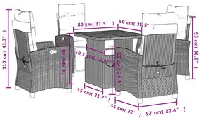 5 pcs conjunto de jantar p/ jardim c/ almofadões vime PE preto