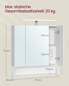 Armário de casa de banho parede com tomadas e 3 portas 16,5 x 70 x 75 cm branco