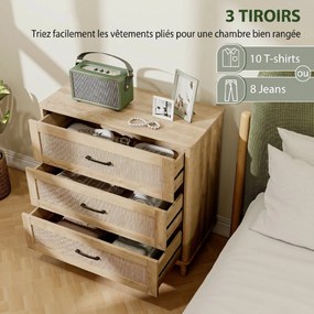 Cómoda de 3 Gavetas, 76 x 35 x 76 cm, Frentes em Rotim Natural, Carvalho