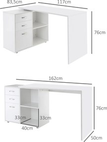 Secretária de canto, secretária reta modular, mesa de jantar 2 em 1, secretária para computador, 3 gavetas + 2 compartimentos abertos