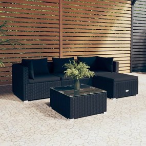 vidaXL 5 pcs conjunto lounge de jardim c/ almofadões vime PE preto