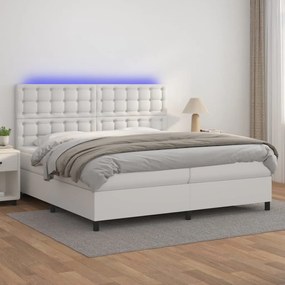 vidaXL Cama box spring c/colchão/LED 200x200cm couro artificial branco