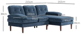 Sofá de Canto "Porto" com Chaise Longue - 215x142x88 cm - Azul - Estof