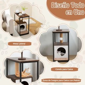 Mesa de apoio com arranhador e Casa do gato Tapete de arranhar amovível Brinquedo de bola Castanho