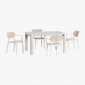 Conjunto De Mesa Retangular 140x100 Cm Arnadine E 4 Cadeiras De Jantar Empilháveis Com Apoios De Braços Em Polipropileno Omara Gardénia Branco - Sklum