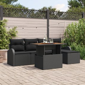 Conjunto de Sofá de Jardim com 6 Peças com Almofadas Preto Rattan Poly