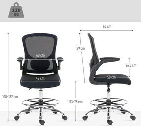 Cadeira de escritório ergonómica, cadeira de desenho, apoio lombar 4D, braços rebatíveis, 60 x 60 x 108-132 cm, preta