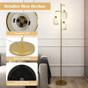 Candeeiro de pé vintage com 3 luzes 25x25x173 cm, abajur de papel tecido, interruptor de pedal, estrutura metálica, para sala, quarto ou escritório, D