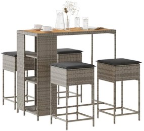 vidaXL 5 pcs conjunto de bar p/ jardim c/ almofadões vime PE cinzento