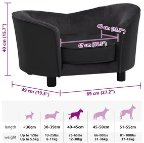 Sofá para cães 69x49x40 cm pelúcia e couro artificial preto