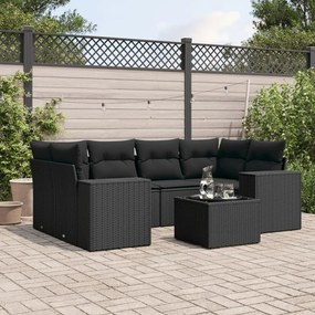 7 pcs conjunto de sofás p/ jardim c/ almofadões vime PE preto