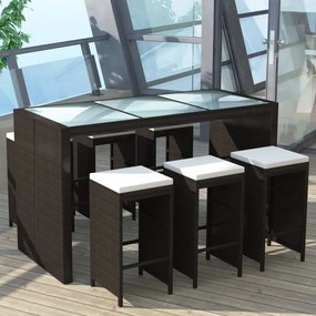 vidaXL 7 pcs conjunto bar para jardim c/ almofadões vime PE castanho