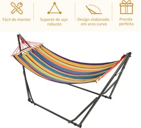 Cama Rede com Suporte Dobrável 2 em 1 com Barra Estrutura de Aço para Jardim 270x100x94 cm Multicolor