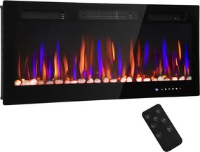 Lareira Elétrica Ultrafina de Parede e Embutir com Chama 3D Brilho/Velocidade Ajustável 12 Cores Pedras 900/1800W 106,7x9,4x47 cm Preto