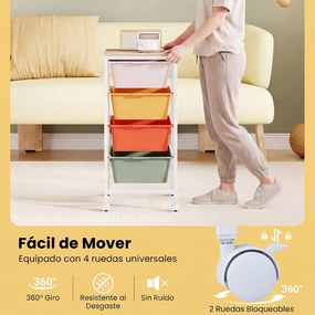 Carrinho Organizador com 4 Gavetas, 32,5 x 37 x 71 cm, Gavetas Removíveis, Multicolor