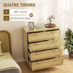 Cómoda com 4 gavetas 90 x 45 x 108,5, móvel de arrumação com frente em rattan trançado, estilo boémio acabamento em madeira clara