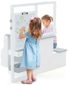 Conjunto de mesa e banco de cavalete de arte infantil com cavalete ajustável e estante - branco