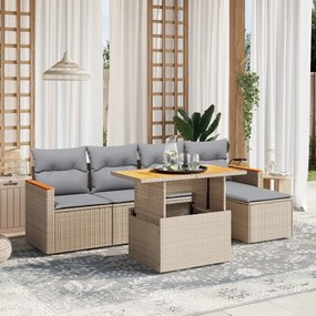 6 pcs conjunto de sofás p/ jardim com almofadões vime PE bege