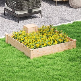 Floreira de madeira quadrada para horta exterior com caixote de compostagem de design e fundo aberto, 123 x 123 x 25,5 cm, madeira natural