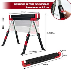 Costway 2 Caballetes Plegables de Acero con 2 x 4 Brazos de Soporte Altura Ajustable 61,5-82,7cm Caballetes de Sierra Portátiles hasta 1180 kg