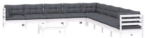 10 pcs conj. lounge de jardim c/ almofadões pinho maciço branco