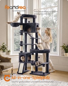 Arranhador para arranhar 105 x 45 x 202 cm XXL com 6 áreas de descanso, cinzento escuro