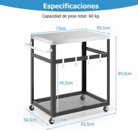 Carrinho apoio Jardim de aço inoxidável de 2 níveis com rodas e pega Carrinho para forno de pizza para pátio exterior Preto