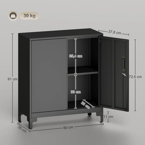 Armário de escritório de 2 níveis 80 x 35 x 91 cm, móvel de arrumação metálico para escritório com 2 portas com fechadura, preto