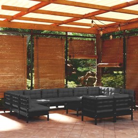 vidaXL 13 pcs conjunto lounge de jardim c/ almofadões pinho preto