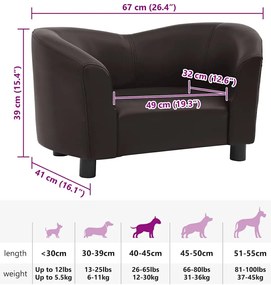 Sofá para cães 67x41x39 cm couro artificial castanho