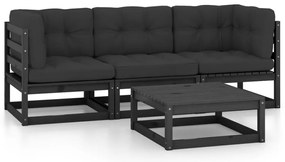 4 pcs conjunto longue de jardim c/ almofadões pinho maciço