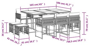11 pcs conjunto jantar p/ jardim c/ almofadões vime PE cinzento