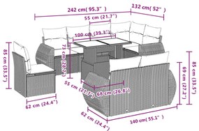 9 pcs conjunto sofás p/ jardim c/ almofadões vime PE castanho