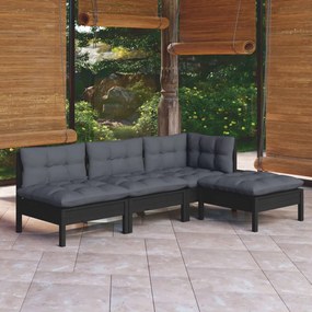 4 pcs conjunto lounge de jardim c/ almofadões pinho preto