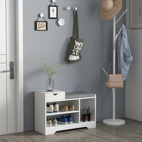 Móvel e banco sapateira com 1 gaveta e 3 compartimentos 76,5 x 30 x 52 cm, capacidade para 5 pares, em MDF branco e cinzento