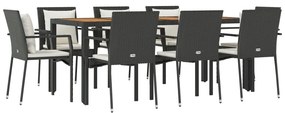 9 pcs conjunto de jantar p/ jardim c/ almofadões vime PE preto
