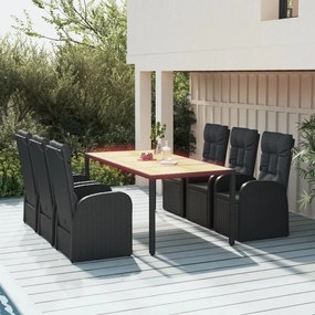 7 pcs conjunto de jantar p/ jardim c/ almofadões vime PE preto