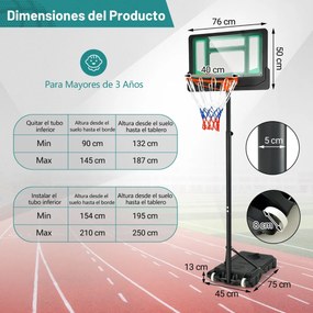 Cesto de basquetebol para crianças com altura ajustável 132-250 cm Brinquedo resistente às intempéries Verde e Preto