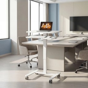 Secretária ajustável em altura para trabalhar sentado ou em pé 65 (L) x 60 (P) x 71-107 (A) cm, secretária móvel com tabuleiro para teclado, Rodas e e