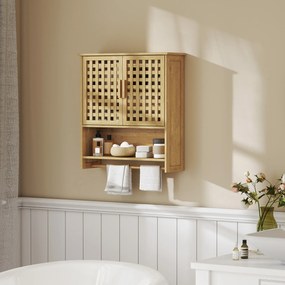 Armário de Casa de Banho de Parede em Bambu com 2 Portas Ripadas, Prateleira Aberta e Ajustável Natural