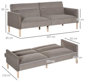 HOMCOM Sofá-Cama Convertível e Reclinável com Apoios de Braços e 2 Encostos Ajustáveis ​​Separadamente em 3 Posições Aveludado 196x85x82 cm Cinza