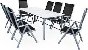 Conjunto de refeição de jardim  Bern 9 peças com 8 cadeiras e 1 mesa em alumínio prateado e vidro fosco